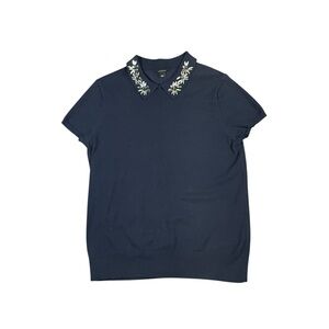 Navy Blue Ann Taylor short sleeve sweater with Rhinestone Collar. Size Large